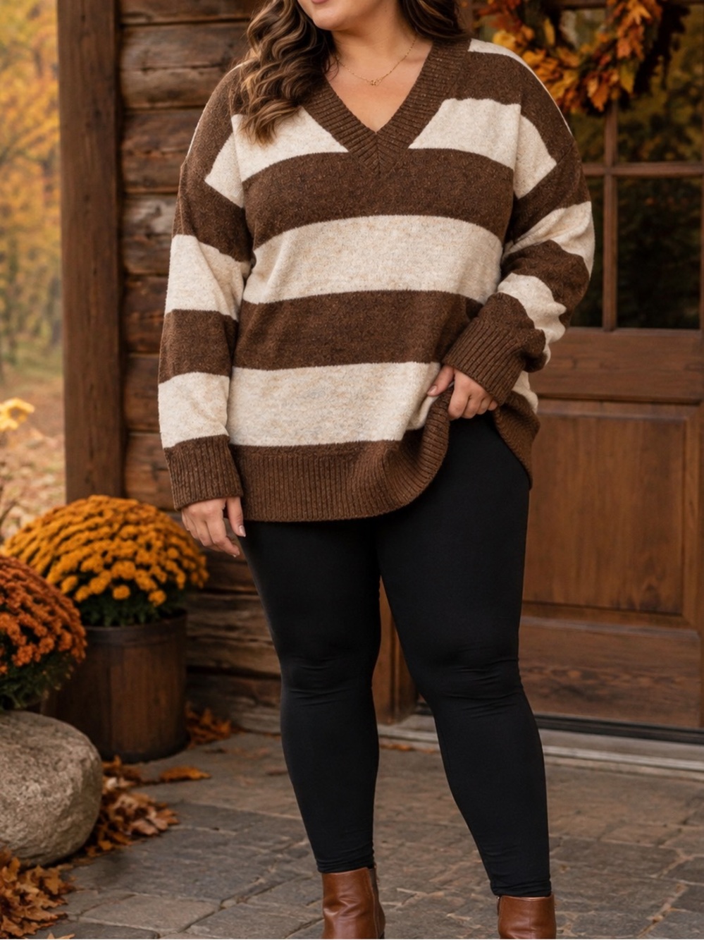 Free for All- NWT V-Neck Sweater in Brown and Cream Stripes Size XL